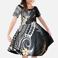 Polynesian Tribal Tattoo Family Matching Mermaid Dress and Hawaiian Shirt Plumeria Black Gold Marble Pattern LT9 Daughter's Dress Black - Polynesian Pride