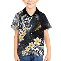 Polynesian Tribal Tattoo Family Matching Off The Shoulder Long Sleeve Dress and Hawaiian Shirt Plumeria Black Gold Marble Pattern