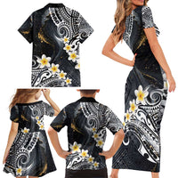 Polynesian Tribal Tattoo Family Matching Short Sleeve Bodycon Dress and Hawaiian Shirt Plumeria Black Gold Marble Pattern LT9 - Polynesian Pride