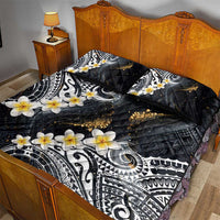 Polynesian Tribal Tattoo Quilt Bed Set Plumeria Black Gold Marble Pattern
