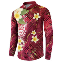 Polynesian Tribal Tattoo Button Sweatshirt Plumeria Blood Red and Gold Marble Pattern