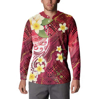 Polynesian Tribal Tattoo Button Sweatshirt Plumeria Blood Red and Gold Marble Pattern
