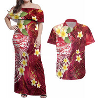 Polynesian Tribal Tattoo Couples Matching Off Shoulder Maxi Dress and Hawaiian Shirt Plumeria Blood Red and Gold Marble Pattern LT9 Red - Polynesian Pride
