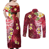 Polynesian Tribal Tattoo Couples Matching Off Shoulder Maxi Dress and Long Sleeve Button Shirt Plumeria Blood Red and Gold Marble Pattern LT9 - Polynesian Pride