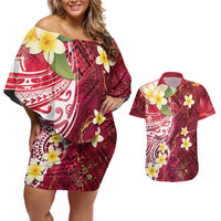 Polynesian Tribal Tattoo Couples Matching Off Shoulder Short Dress and Hawaiian Shirt Plumeria Blood Red and Gold Marble Pattern LT9 Red - Polynesian Pride
