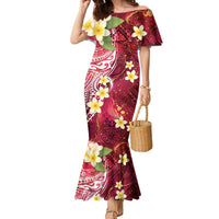 Polynesian Tribal Tattoo Family Matching Mermaid Dress and Hawaiian Shirt Plumeria Blood Red and Gold Marble Pattern LT9 Mom's Dress Red - Polynesian Pride