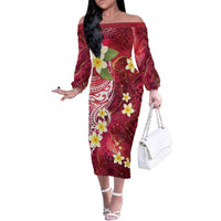 Polynesian Tribal Tattoo Family Matching Off The Shoulder Long Sleeve Dress and Hawaiian Shirt Plumeria Blood Red and Gold Marble Pattern