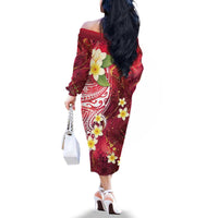 Polynesian Tribal Tattoo Family Matching Off The Shoulder Long Sleeve Dress and Hawaiian Shirt Plumeria Blood Red and Gold Marble Pattern