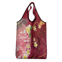 Polynesian Tribal Tattoo Grocery Bag Plumeria Blood Red and Gold Marble Pattern