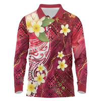 Polynesian Tribal Tattoo Long Sleeve Polo Shirt Plumeria Blood Red and Gold Marble Pattern LT9 Red - Polynesian Pride
