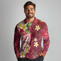 Polynesian Tribal Tattoo Long Sleeve Polo Shirt Plumeria Blood Red and Gold Marble Pattern LT9 - Polynesian Pride