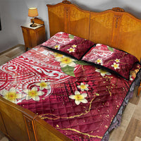 Polynesian Tribal Tattoo Quilt Bed Set Plumeria Blood Red and Gold Marble Pattern