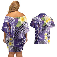 Polynesian Tribal Tattoo Couples Matching Off Shoulder Short Dress and Hawaiian Shirt Plumeria Purple Marble Pattern LT9 - Polynesian Pride
