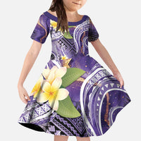 Polynesian Tribal Tattoo Family Matching Off The Shoulder Long Sleeve Dress and Hawaiian Shirt Plumeria Purple Marble Pattern