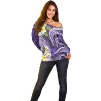 Polynesian Tribal Tattoo Off Shoulder Sweater Plumeria Purple Marble Pattern