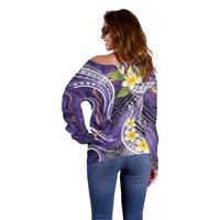 Polynesian Tribal Tattoo Off Shoulder Sweater Plumeria Purple Marble Pattern