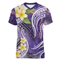 Polynesian Tribal Tattoo Women V-Neck T-Shirt Plumeria Purple Marble Pattern LT9 Female Purple - Polynesian Pride