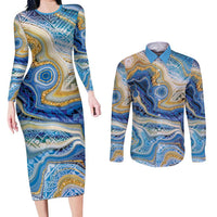Polynesian Tribal Tattoo Couples Matching Long Sleeve Bodycon Dress and Long Sleeve Button Shirt Swirling Ocean Marble Pattern