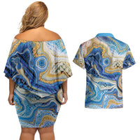 Polynesian Tribal Tattoo Couples Matching Off Shoulder Short Dress and Hawaiian Shirt Swirling Ocean Marble Pattern LT9 - Polynesian Pride