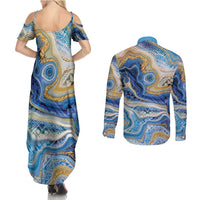 Polynesian Tribal Tattoo Couples Matching Summer Maxi Dress and Long Sleeve Button Shirt Swirling Ocean Marble Pattern