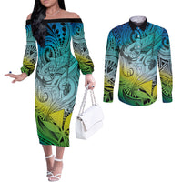 Personalised Aloha King Kamehameha Spirits Couples Matching Off The Shoulder Long Sleeve Dress and Long Sleeve Button Shirt Art Special LT9 Art - Polynesian Pride