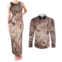 Personalised Aloha King Kamehameha Spirits Couples Matching Tank Maxi Dress and Long Sleeve Button Shirt Beige Special LT9 Beige - Polynesian Pride