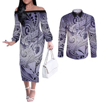 Personalised Aloha King Kamehameha Spirits Couples Matching Off The Shoulder Long Sleeve Dress and Long Sleeve Button Shirt Violet Special LT9 Violet - Polynesian Pride