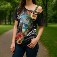 Hafa Adai Guam Cross Shoulder Shirt Guahan Seal Chamorro Stones Tribal - Polynesian Pride