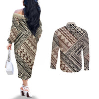 Niho Taniwha Kowhaiwhai Couples Matching Off The Shoulder Long Sleeve Dress and Long Sleeve Button Shirt LT9 - Polynesian Pride