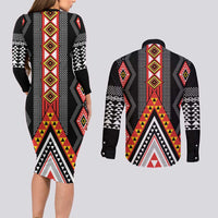 Niho Taniwha Taniko Motif Couples Matching Long Sleeve Bodycon Dress and Long Sleeve Button Shirt LT9 - Polynesian Pride