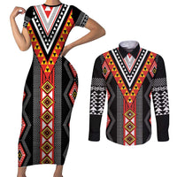 Niho Taniwha Taniko Motif Couples Matching Short Sleeve Bodycon Dress and Long Sleeve Button Shirt LT9 Red - Polynesian Pride