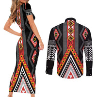 Niho Taniwha Taniko Motif Couples Matching Short Sleeve Bodycon Dress and Long Sleeve Button Shirt LT9 - Polynesian Pride