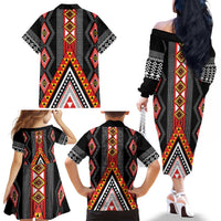 Niho Taniwha Taniko Motif Family Matching Off The Shoulder Long Sleeve Dress and Hawaiian Shirt