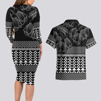 Black Taniko Kowhaiwhai Tukutuku Motif Couples Matching Long Sleeve Bodycon Dress and Hawaiian Shirt