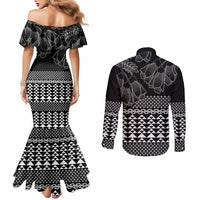 Black Taniko Kowhaiwhai Tukutuku Motif Couples Matching Mermaid Dress and Long Sleeve Button Shirt LT9 - Polynesian Pride
