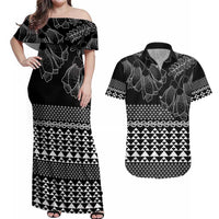 Black Taniko Kowhaiwhai Tukutuku Motif Couples Matching Off Shoulder Maxi Dress and Hawaiian Shirt LT9 Black - Polynesian Pride