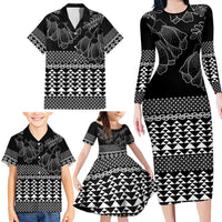 Black Taniko Kowhaiwhai Tukutuku Motif Family Matching Long Sleeve Bodycon Dress and Hawaiian Shirt LT9 - Polynesian Pride