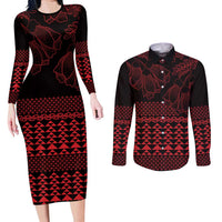 Red Taniko Kowhaiwhai Tukutuku Motif Couples Matching Long Sleeve Bodycon Dress and Long Sleeve Button Shirt LT9 Red - Polynesian Pride
