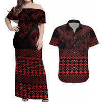 Red Taniko Kowhaiwhai Tukutuku Motif Couples Matching Off Shoulder Maxi Dress and Hawaiian Shirt LT9 Red - Polynesian Pride