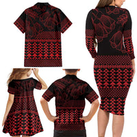 Red Taniko Kowhaiwhai Tukutuku Motif Family Matching Long Sleeve Bodycon Dress and Hawaiian Shirt LT9 - Polynesian Pride