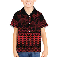 Red Taniko Kowhaiwhai Tukutuku Motif Family Matching Off Shoulder Short Dress and Hawaiian Shirt