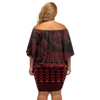 Red Taniko Kowhaiwhai Tukutuku Motif Off Shoulder Short Dress