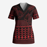 Red Taniko Kowhaiwhai Tukutuku Motif Scrub Top - Polynesian Pride