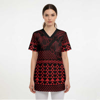 Red Taniko Kowhaiwhai Tukutuku Motif Scrub Top - Polynesian Pride