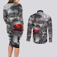 Black ANZAC Day The Battle of Lone Pine Couples Matching Long Sleeve Bodycon Dress and Long Sleeve Button Shirt Kiwi-Kangaroo Soldier Lest We Forget