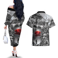 Black ANZAC Day The Battle of Lone Pine Couples Matching Off The Shoulder Long Sleeve Dress and Hawaiian Shirt Kiwi-Kangaroo Soldier Lest We Forget