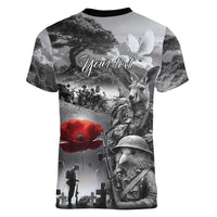 Black ANZAC Day The Battle of Lone Pine Women V-Neck T-Shirt Kiwi-Kangaroo Soldier Lest We Forget
