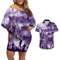 Purple ANZAC Day The Battle of Lone Pine Couples Matching Off Shoulder Short Dress and Hawaiian Shirt Kiwi-Kangaroo Soldier Lest We Forget