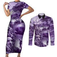 Purple ANZAC Day The Battle of Lone Pine Couples Matching Short Sleeve Bodycon Dress and Long Sleeve Button Shirt Kiwi-Kangaroo Soldier Lest We Forget