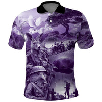Purple ANZAC Day The Battle of Lone Pine Polo Shirt Kiwi-Kangaroo Soldier Lest We Forget